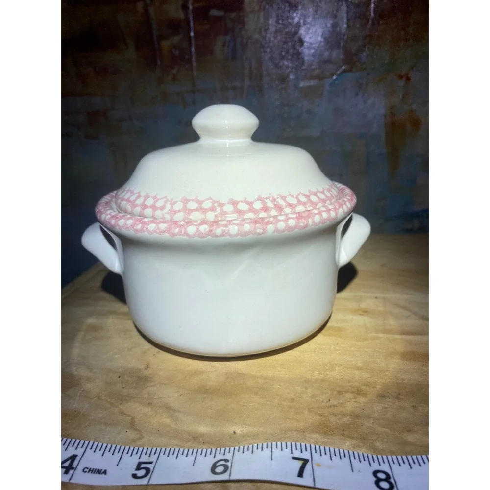 Vintage Pink Heart Ceramic Mini Cocotte Lidded Sugar Bowl White Spongeware 5.5in